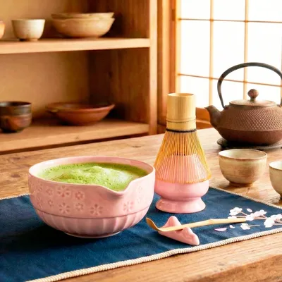 Image de Set de thé matcha en céramique rose, comprenant : un bol, une fouet en bambou, un tamis, pour la préparation du matcha (7 pièces)
