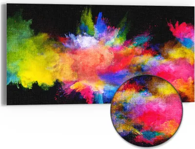 Produktbild von DEQORI Hybrid Leinwand Bild 60x30 cm 'Zusammenknall Farbpuder' Wandbild Glas flach modern