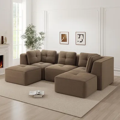 Produktbild von U-förmiges Ecksofa aus Cord, knochenlos, modular mit Ottomane, dreisitzig, tiefe Sitzfläche, für Wohnzimmer, montagefrei