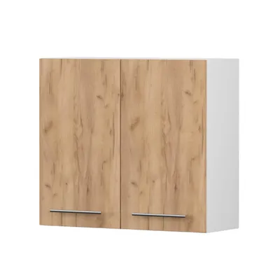 Image de Armoire murale INEZ II, cuisine, armoire de cuisine à deux portes 80 cm blanc/chêne Craft Gold avec deux portes battantes, poignées métalliques argentées