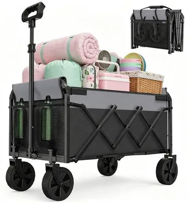 Productafbeelding van Opvouwbare handwagen - Mini-winkelwagen - Reiswagen met wielen - Draagbare tuindwerg - Met een draagvermogen van 100 kg, verstelbare handgreep en opvouwbaar ontwerp - Staal - 74×46×96,5 cm - Geschikt voor boodschappen, kamperen en tuinieren - Zwart