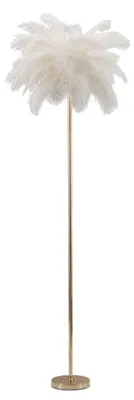 Produktbild von Stehleuchte Palm White – 3-flammige E14-Stehleuchte aus goldfarbenem Metall mit Lampenschirm und weißen Federn, Ø 55 x 160 cm