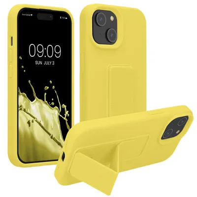 Produktbild von kwmobile Handyhülle für Apple iPhone 15 Hülle - TPU Silikon Case mit Fingerhalter und Stand - Schutzhülle Cover in Strahlend Gelb