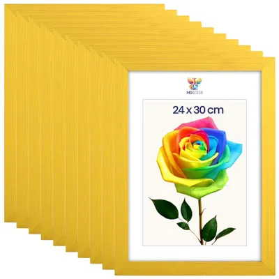 Produktbild von MG Design 10er Set Bilderrahmen 24 x 30 cm - Fotorahmen mit Gelb Echtholzrahmen und bruchsicherem Acrylglas, Hoch & Quer zum Aufhängen, zum Aufstellen