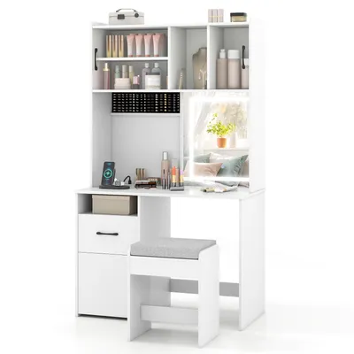 Produktbild von COSTWAY Schminktisch Set mit LED Spiegel & Hocker, Frisiertisch mit Steckdosen, 3 Türen, Schublade & Schmuckaufbewahrung, Kosmetiktisch 100x50x170cm
