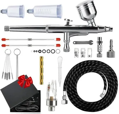 Produktbild von Famanu Airbrush Kit Dual Action - Multifunktionale Spritzpistole mit 0,2mm, 0,3mm, 0,5mm Düse