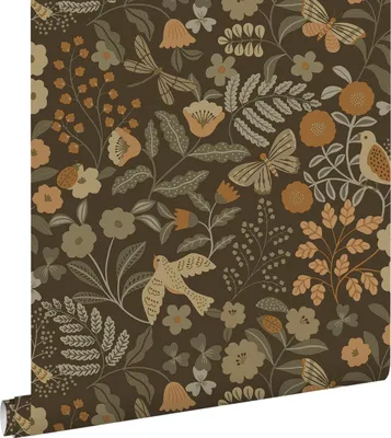 Produktbild von ESTAhome Tapete Blumen und Vögel Graugrün, Braun und Ockergelb 50 x 900 cm