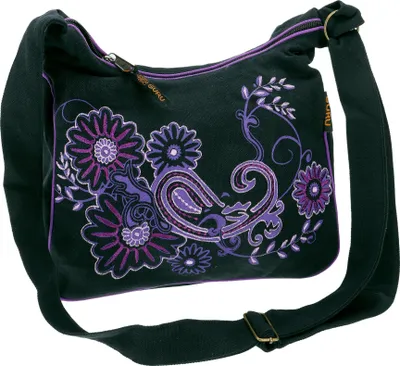 Produktbild von Boho Schultertasche, Hippie Tasche, Bestickte Goa Tasche - Schwarz/lila, Uni - Erwachsene, Violett, Baumwolle, 24*28*16 cm, Alternative Umhängetasche, Handtasche aus Stoff