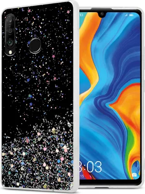 A phone case with a glittery star pattern is shown next to a smartphone.