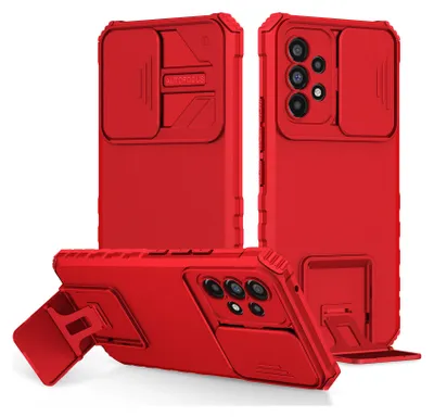 Immagine prodotto di Custodia per Samsung Galaxy A53 5G a doppio strato robusta, protezione militare con kickstand e protezione fotocamera scorrevole rossa