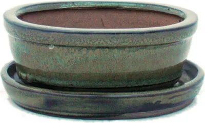 Obrázok produktu pre Miska na bonsaj s podšálkom ve?kos? 1 - olivovo-hnedá - oválna - model O7 - D 12 cm - Š 9,5 cm - V 4,5 cm