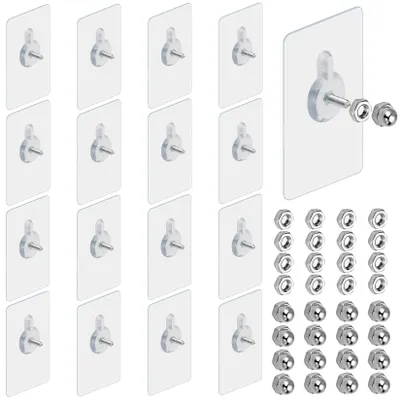 Image de 16 vis adhésives, crochets adhésifs transparents, clous adhésifs pour cadres, clous de suspension adhésifs, vis de fixation murale résistantes à l'eau (16 mm)
