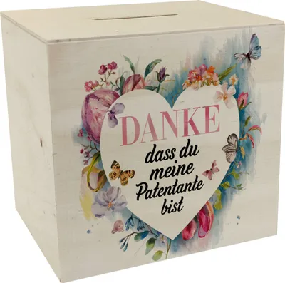 Produktbild von Danke Patentante Spardose aus Holz Herz Danksagung