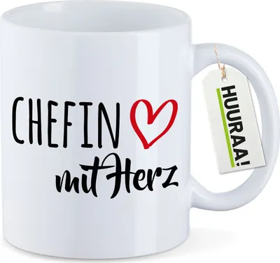 Produktbild von Huuraa Kaffeetasse Chefin mit Herz 330ml Weiß Keramik Kaffeebecher Geschenkidee