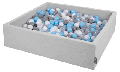 Zdjęcie produktu dla KiddyMoon suchy basen kwadratowy z piłeczkami 7cm 120x30 jasnoszary: szary-biały-transparent-babyblue 120x30/200piłek zabawka basen piankowy