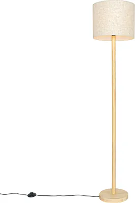 Produktbild von QAZQA - Landhaus I Vintage Ländliche Stehlampe Holz mit Leinenschirm beige 32 cm - Mels I Wohnzimmer I Schlafzimmer - Rund - LED geeignet E27