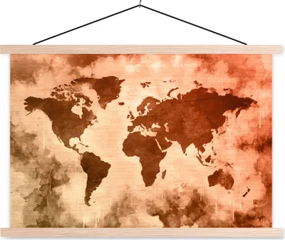 Produktbild von MuchoWow® Textilposter Weltkarte - Rot - Braun 120x80 cm mit holzfarbenen Rahmen - Aufhängeset
