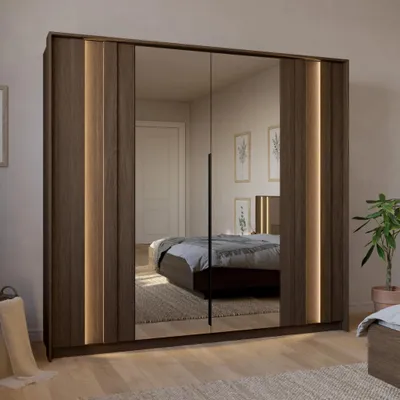 Produktbild von 4-türiger Kleiderschrank LUPO 230 cm Eiche Dunin 2 Spiegel LED Modern