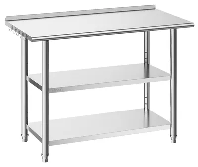 Image de Table de travail en acier inoxydable, 61x122 cm, idéale pour la préparation des aliments, avec 2 étagères et un dosseret. Poste de travail pour cuisine professionnelle, table de travail robuste en métal, pour restaurant, maison, hôtel, garage, usage extérieur