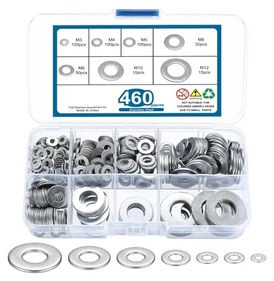 Produktbild von Unterlegscheiben Set 460-teilig, Kohlenstoffstahl, M3-M12, Flachscheiben Sortiment, für Reparaturen