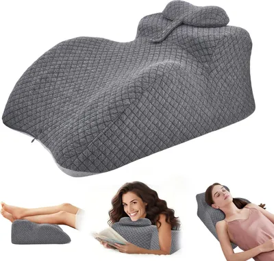 Obrázok produktu pre Vankúš na podporu chrbta do postele – klinový vankúš – pamäťová pena – podpora pre vzpriamené sedenie – pomáha pri refluxe a chrápaní – polyester/bavlna – tmavošedá farba