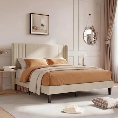Produktbild von Bett 140x200cm Leinen Beige, Kopfteil gepolstert, 15cm Stauraum unter dem Bett, 800lbs Kapazität