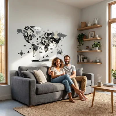 Imagen del producto de Decoración de pared en 3D de madera, mapa del mundo, gran adorno de pared de madera, mapa de viajes con chinchetas para el hogar y la oficina (Talla M, gris combinado)