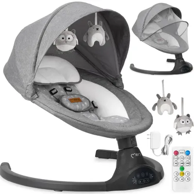 A collage of images showing a baby swing and its accessories, including a remote control and power adapter.