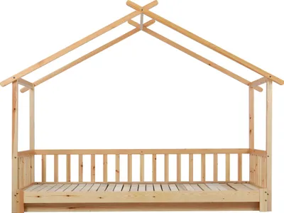 Produktbild von Merax Kinderbett 90x200cm/180x200cm Ausziehbett Erweiterbares Hausbett mit Rausfallschutz und Dachform, Massivholz Einzel- und Doppelbett Kinderhaus