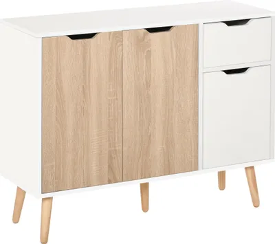Image de HOMCOM Buffet design scandinave 2 placards tiroir coulissant pieds bois massif pin panneaux particules blanc chêne clair