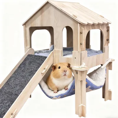 Image de Grande maison en bois pour cobayes, avec rampe, hamac et coussin – Refuge à deux étages pour cobayes, lapins, hamsters, chinchillas