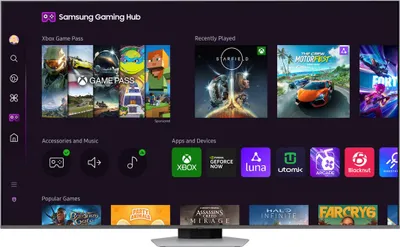 A screenshot of the Samsung Gaming Hub interface on a TV screen, showcasing various gaming apps and popular games.