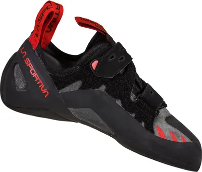 Klett-Kletterschuh "Tarantula Boulder" von La Sportiva; schwarz mit roten Akzenten; seitliche Ansicht.