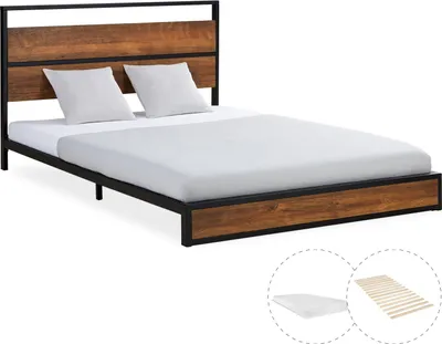 Image de Lit Métal avec Matelas 140x200 cm Cadre de Lit Massif Double Bois Brun Lit Futon Sommier à Lattes