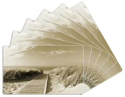 Produktbild von Wallario Frühstücksbrettchen 6er Set aus Glas, je 14 x 23 cm, mit rutschfesten Füßen, Motiv Auf dem Holzweg zum Strand in Sepiafarben