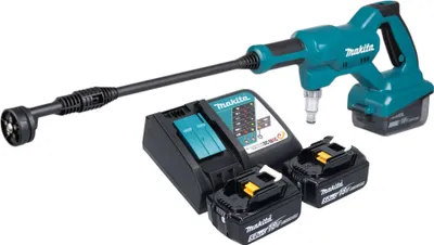A cordless pressure washer kit with two batteries and a charger, displayed on a white background.