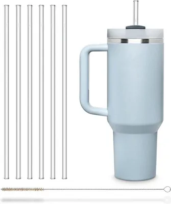 Zdjęcie produktu dla Szklane słomki o długości 30 cm – 6 sztuk do butelek o pojemności do 0,5 litra – w zestawie szczoteczka do czyszczenia – można myć w zmywarce