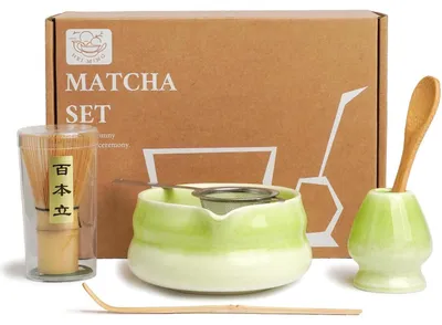 Immagine prodotto di Set da tè Matcha, composto da 6 elementi: frusta in bambù (chasen), ciotola in Vetroceramica, setaccio, cucchiaino