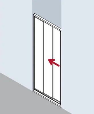 A three-panel sliding glass door shown from a low angle against a blue wall.