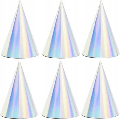Image de Chapeaux de fête hologramme 16cm argent irisé, set de 6