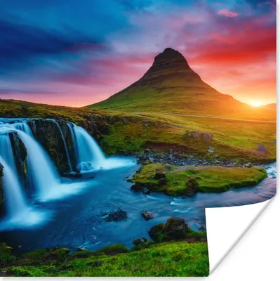 Produktbild von MuchoWow® Poster Wasserfall - Berg - Moos - Sonnenuntergang - Natur 50x50 cm - Wohnzimmerdekoration