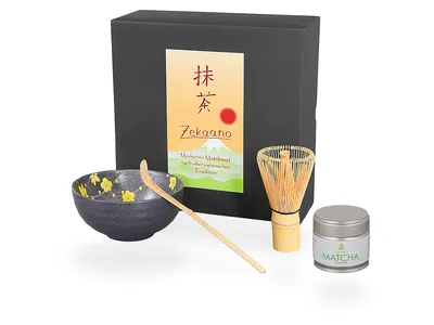 Produktbild von Matcha Set / Matchaset / Matcha Schale 250ml, anthrazit/gelb, mit Besen/Löffel/Tee in Geschenkbox