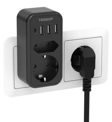 Produktbild von TESSAN Doppelstecker für Steckdose, USB C Mehrfachsteckdose, Steckdosenadapter 2Fach mit 4 USB Netzstecker, 3600W Mehrfachstecker für Steckdose, Stecker Doppelstecker für Phone, Schwarz