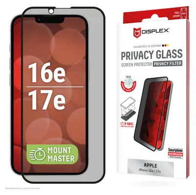 Produktbild von Displex Privacy Panzerglas (10H) für Apple iPhone 16e/17e,MountMaster Privacy Filter