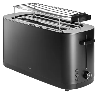 A black long slot toaster with a chrome rack on top, shown from a diagonal angle on a white background.