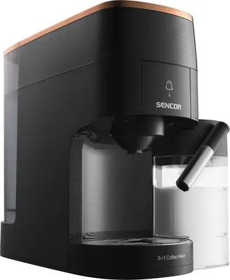 A black Sencor coffee maker with copper accents, shown on a white background.