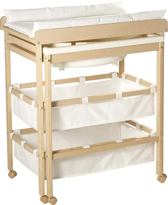 A baby changing table with a bathtub and storage baskets.