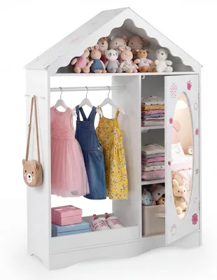 Kinderkleiderschrank Hausform mit Spiegel, 85,5x30x121 cm, Weiß