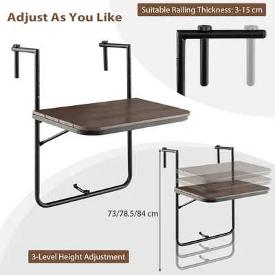 Produktbild von giantex Balkontisch, Braun, für Balkon, Terrasse, Garten, klappbar, 3-fach höhenverstellbar, wetterfest, zum Einhängen, für Geländerstärke 3-15 cm, 62.5x60x73/78.5/84 cm