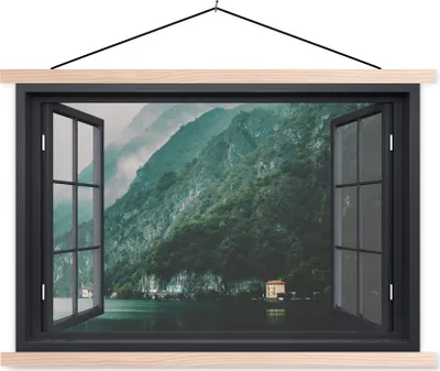 Produktbild von MuchoWow® Textilposter Aussicht - Wasser - Berg 60x40 cm mit holzfarbenen Rahmen - Bilder